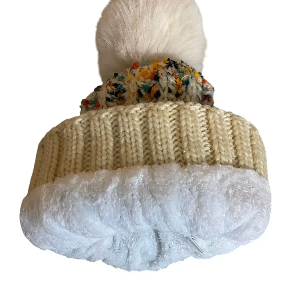 Polar Extreme Women's Knit Beanie Hat with Pompom OS Beige Green Fleece Lining